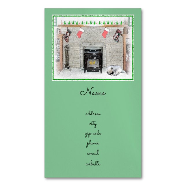 Keeshond Christmas Puppy Dog by Fireplace Painting Magnetic Business Card (Front Vertical)