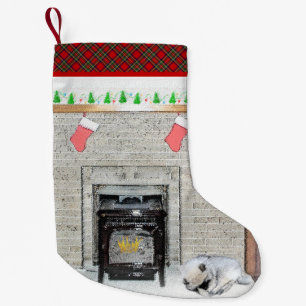 Keeshond Christmas Puppy Dog by Fireplace Painting Small Christmas Stocking
