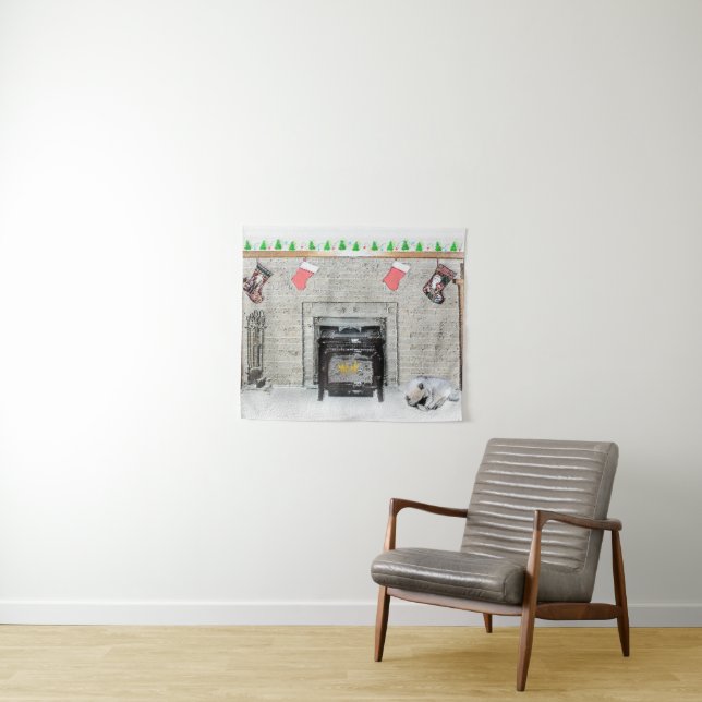 Keeshond Christmas Puppy Dog by Fireplace Painting Tapestry (In Situ (Horizontal))