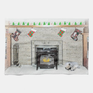 Keeshond Christmas Puppy Dog by Fireplace Painting Tea Towel