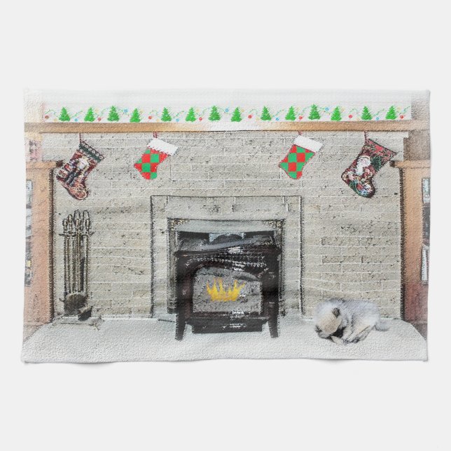 Keeshond Christmas Puppy Dog by Fireplace Painting Tea Towel (Horizontal)