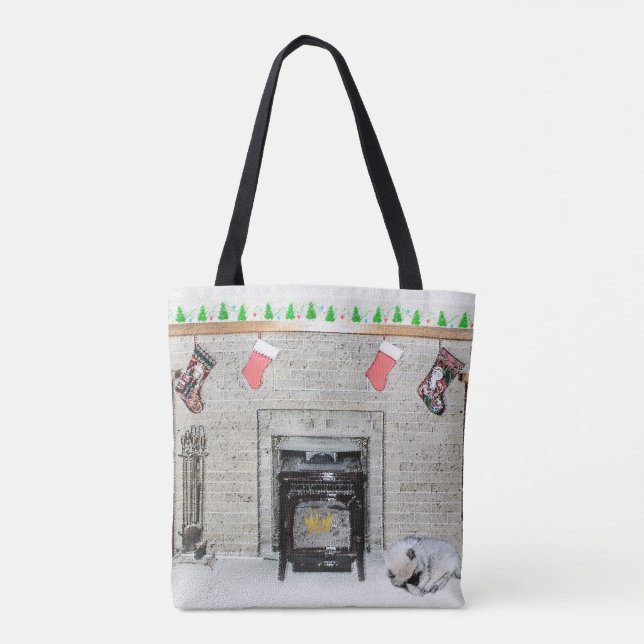 Keeshond Christmas Puppy Dog by Fireplace Painting Tote Bag (Back)