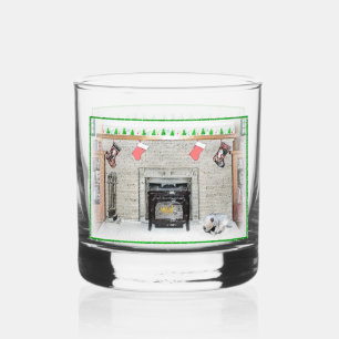 Keeshond Christmas Puppy Dog by Fireplace Painting Whiskey Glass