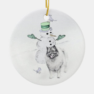 Keeshond Christmas Snowman Painting Dog Art Ceramic Ornament