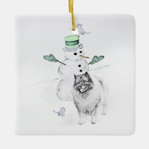 Keeshond Christmas Snowman Painting Dog Art Ceramic Ornament