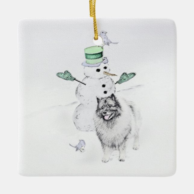 Keeshond Christmas Snowman Painting Dog Art Ceramic Ornament (Front)