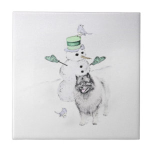 Keeshond Christmas Snowman Painting Dog Art Ceramic Tile