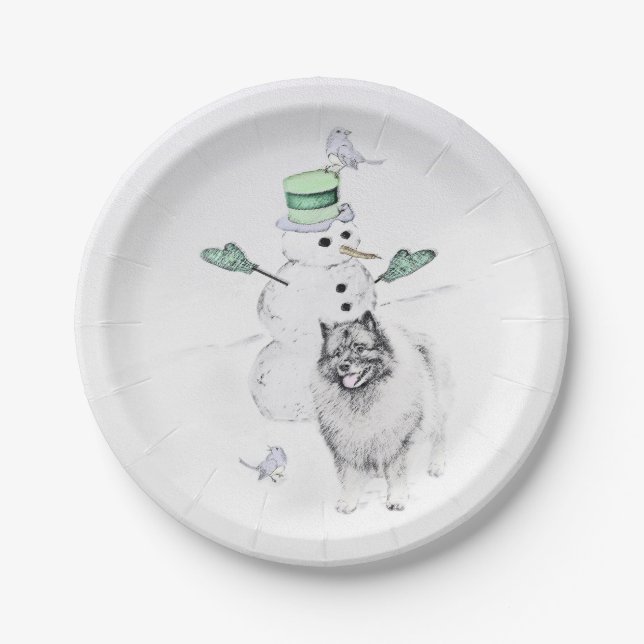 Keeshond Christmas Snowman Painting Dog Art Paper Plate (Front)