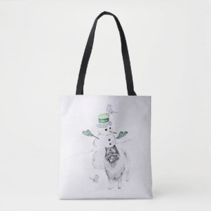 Keeshond Christmas Snowman Painting Dog Art Tote Bag