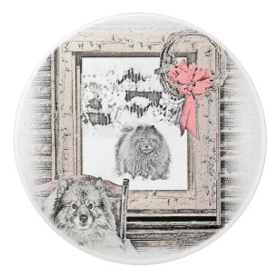 Keeshond Christmas Winter Window Painting Dog Art Ceramic Knob