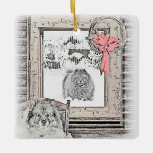 Keeshond Christmas Winter Window Painting Dog Art Ceramic Ornament