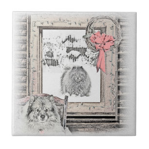 Keeshond Christmas Winter Window Painting Dog Art Ceramic Tile