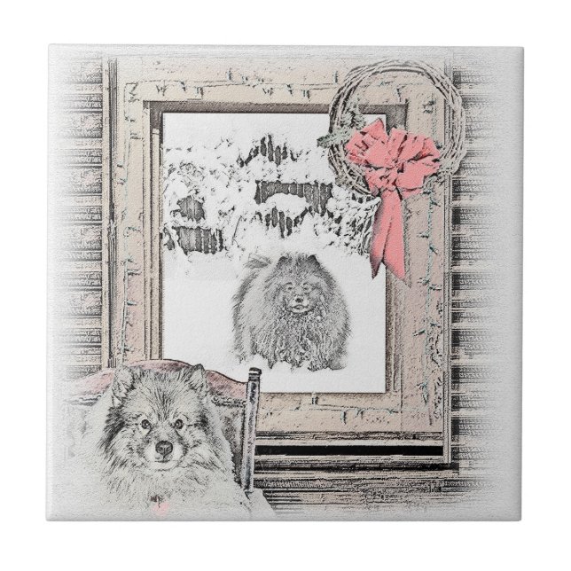Keeshond Christmas Winter Window Painting Dog Art Ceramic Tile (Front)