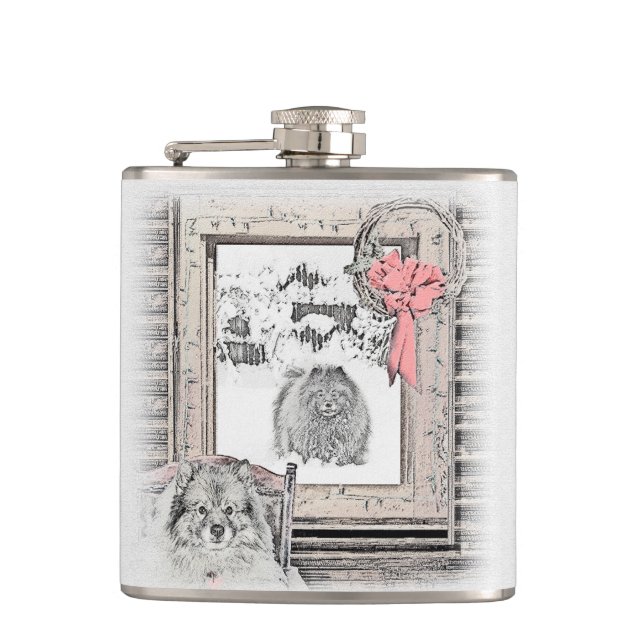Keeshond Christmas Winter Window Painting Dog Art Hip Flask (Front)