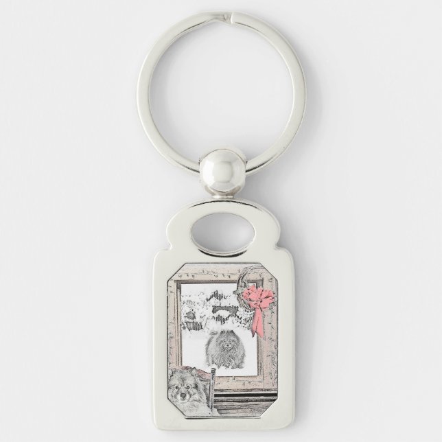Keeshond Christmas Winter Window Painting Dog Art Key Ring (Front)