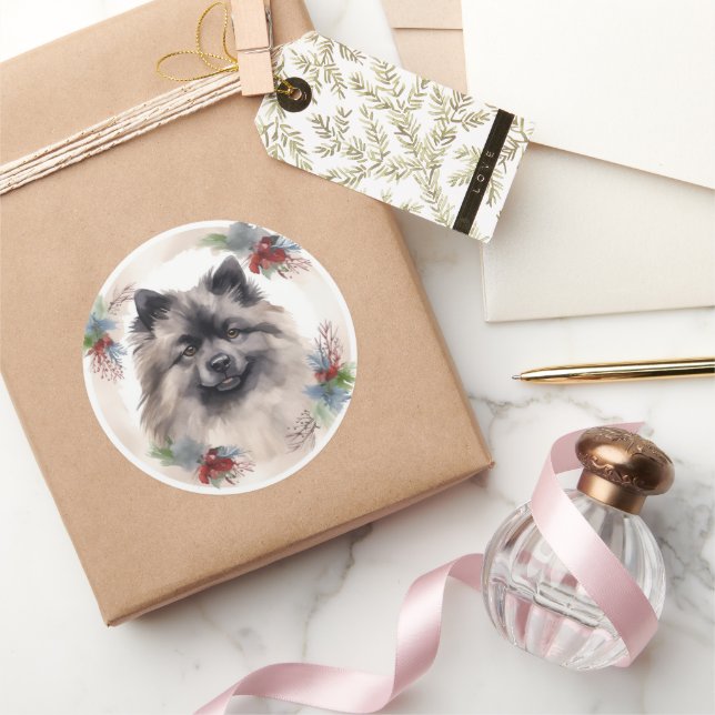 Keeshond Christmas Wreath Festive Pup Classic Round Sticker (Gifting)