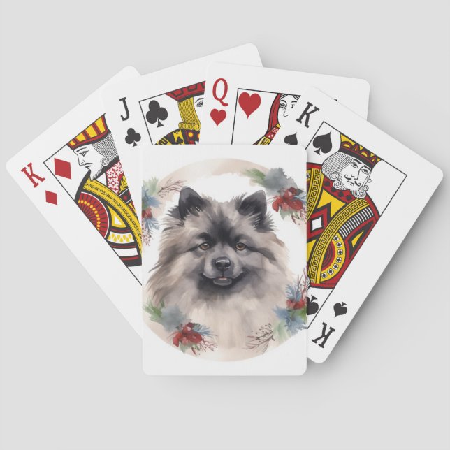 Keeshond Christmas Wreath Festive Pup Playing Cards (Back)