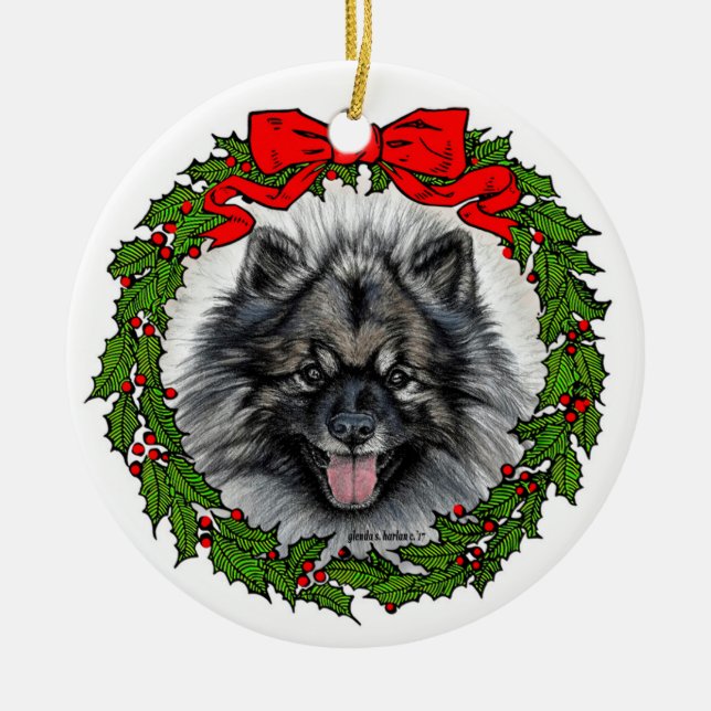 Keeshond Dog Art by Glenda S. Harlan Ceramic Ornament (Front)