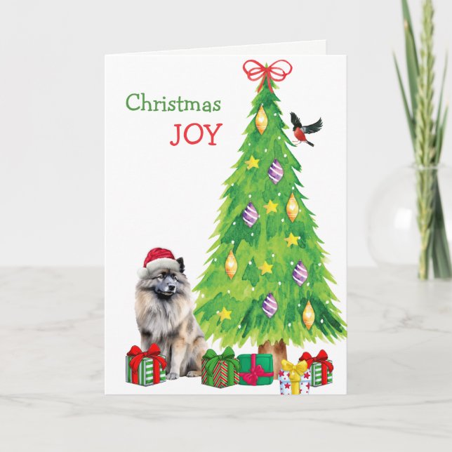 Keeshond Dog, Bird and Christmas Tree Holiday Card (Front)