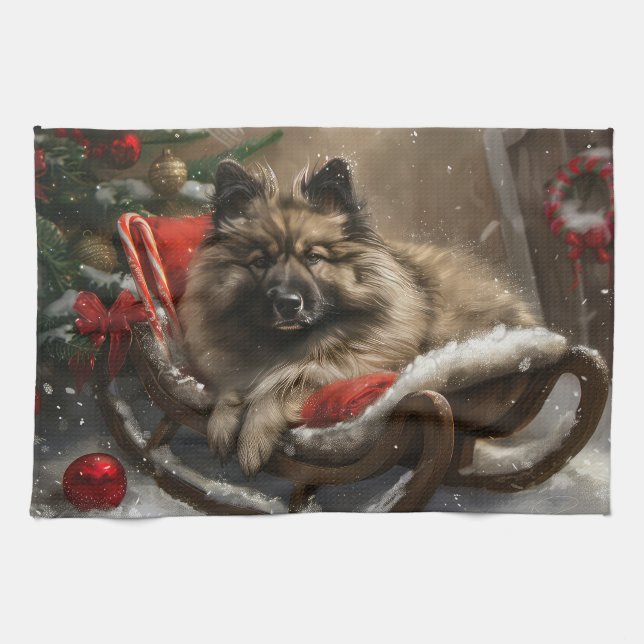 keeshond Dog Christmas Festive  Tea Towel (Horizontal)
