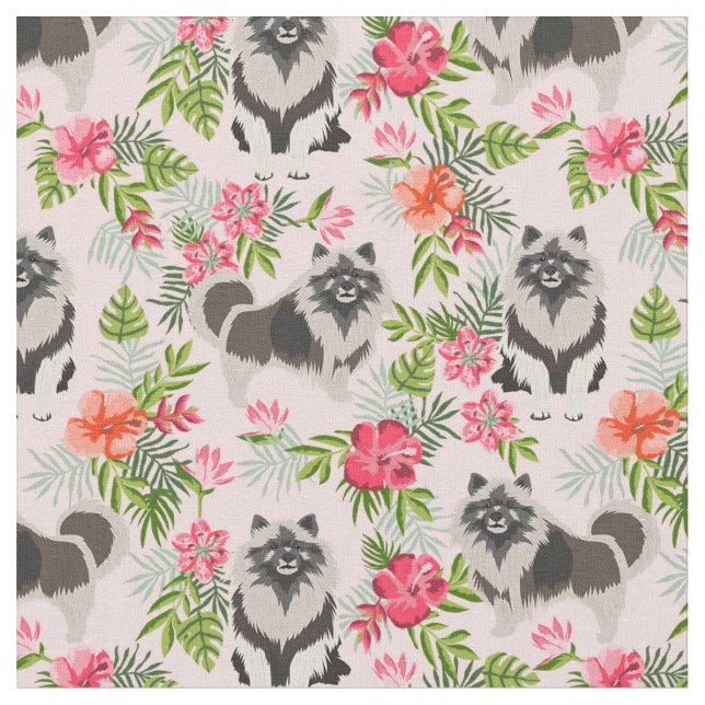keeshond dog hawaiian floral pink fabric (Close Up)