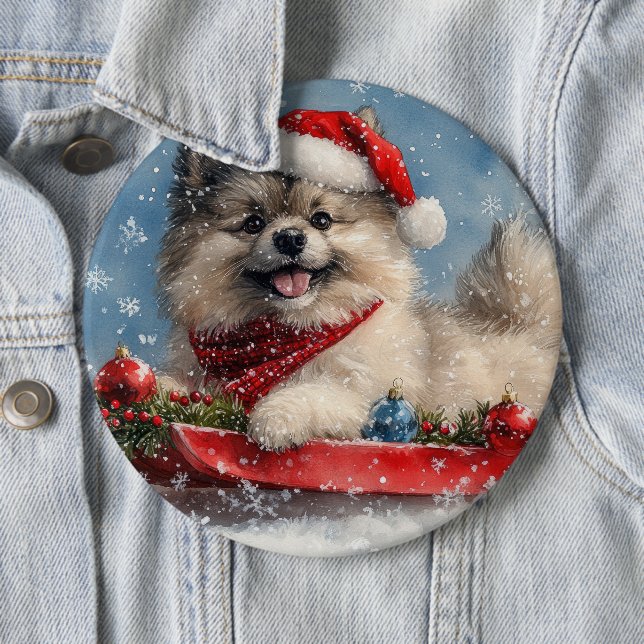 Keeshond Dog in Sledge Let it Snow Christmas 6 Cm Round Badge (In Situ)