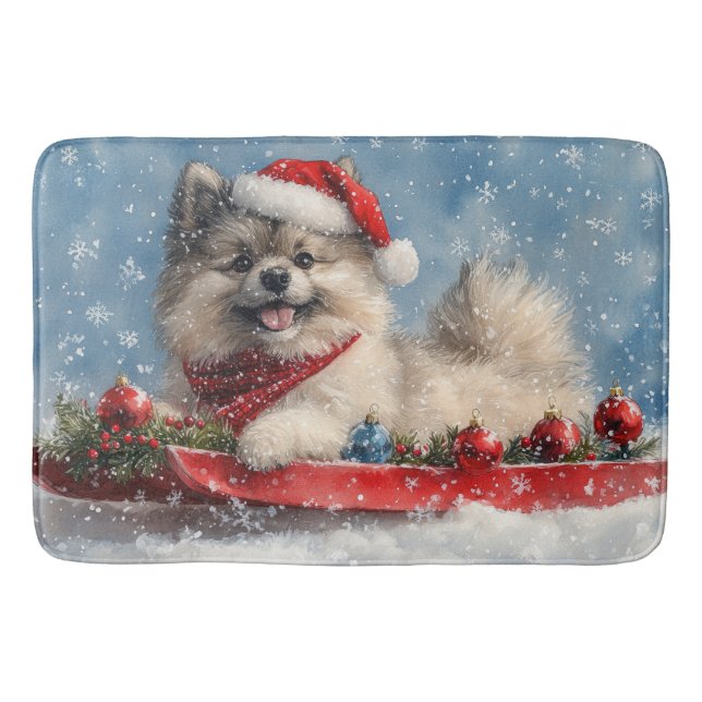 Keeshond Dog in Sledge Let it Snow Christmas Bath Mat (Front)