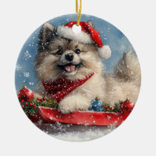 Keeshond Dog in Sledge Let it Snow Christmas Ceramic Ornament