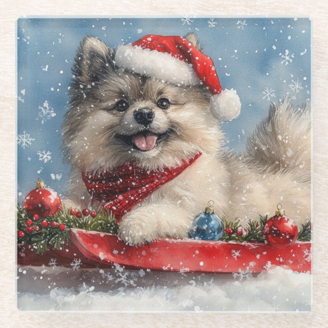 Keeshond Dog in Sledge Let it Snow Christmas Glass Coaster (Front)