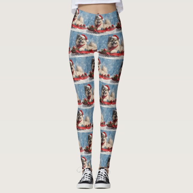 Keeshond Dog in Sledge Let it Snow Christmas Leggings (Front)