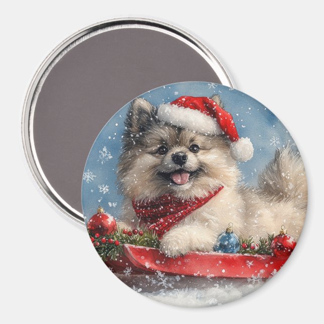 Keeshond Dog in Sledge Let it Snow Christmas Magnet (Front/Back)