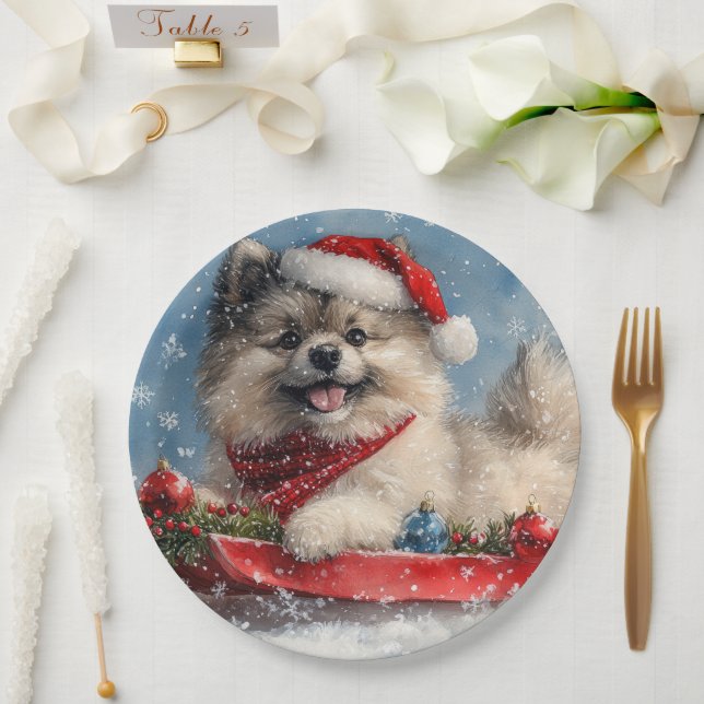 Keeshond Dog in Sledge Let it Snow Christmas Paper Plate (Wedding)