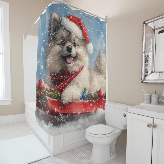 Keeshond Dog in Sledge Let it Snow Christmas Shower Curtain (In Situ)