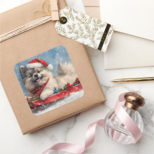 Keeshond Dog in Sledge Let it Snow Christmas Square Sticker