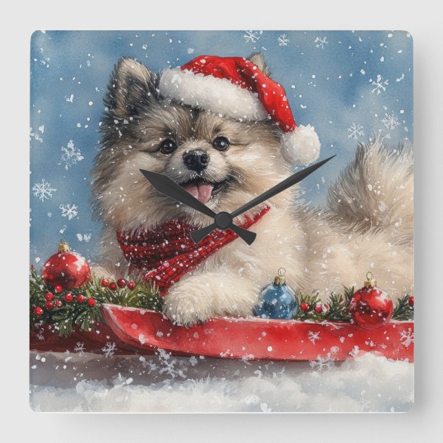 Keeshond Dog in Sledge Let it Snow Christmas Square Wall Clock (Front)
