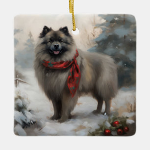 Keeshond Dog in Snow Christmas Ceramic Ornament