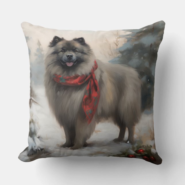 Keeshond Dog in Snow Christmas Cushion (Front)