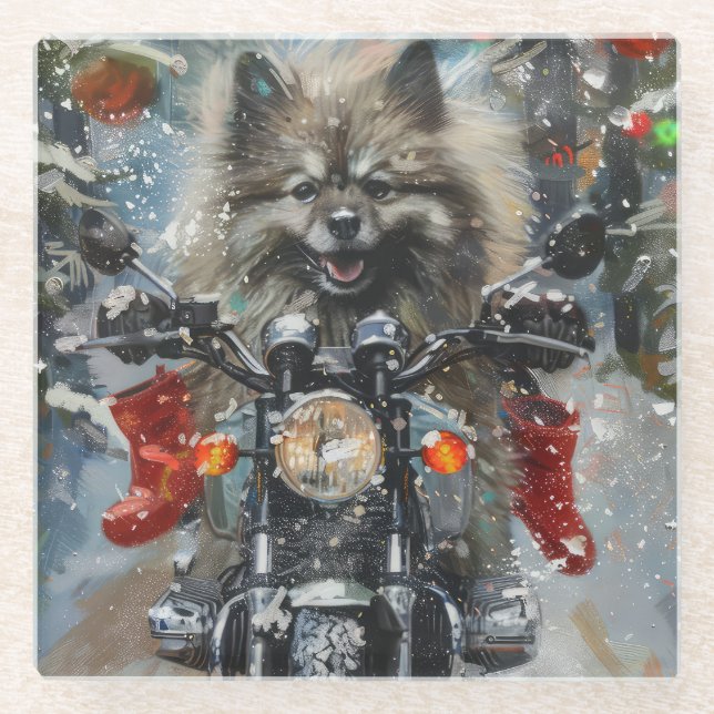 Keeshond Dog Riding Motorcycle Christmas Glass Coaster (Front)