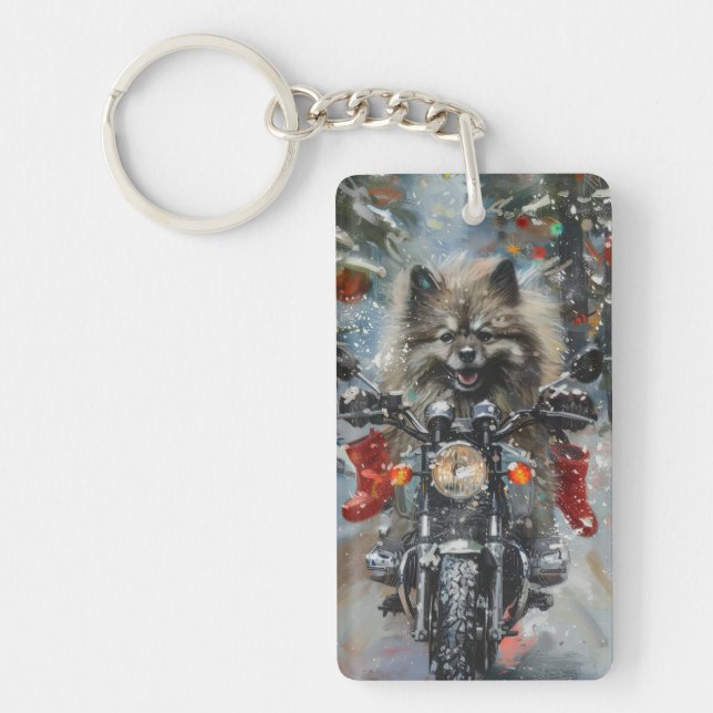Keeshond Dog Riding Motorcycle Christmas Key Ring (Front)