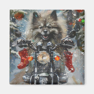 Keeshond Dog Riding Motorcycle Christmas Magnet