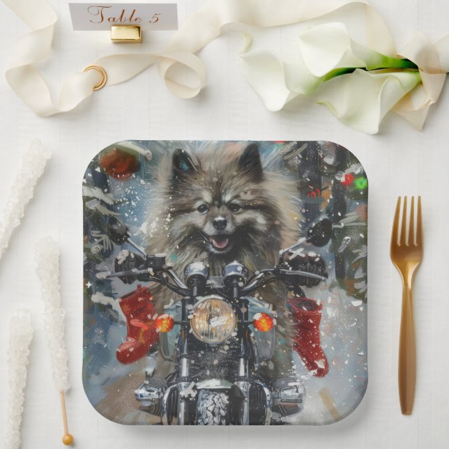 Keeshond Dog Riding Motorcycle Christmas Paper Plate (Wedding)