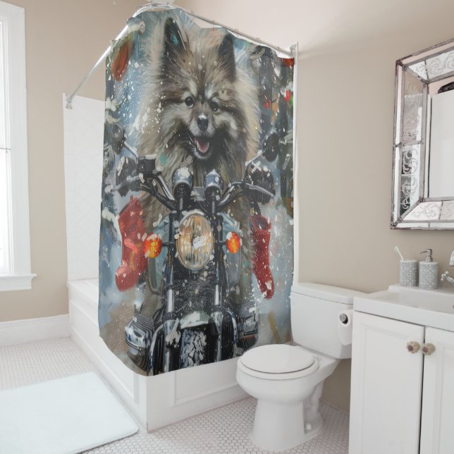 Keeshond Dog Riding Motorcycle Christmas Shower Curtain (In Situ)