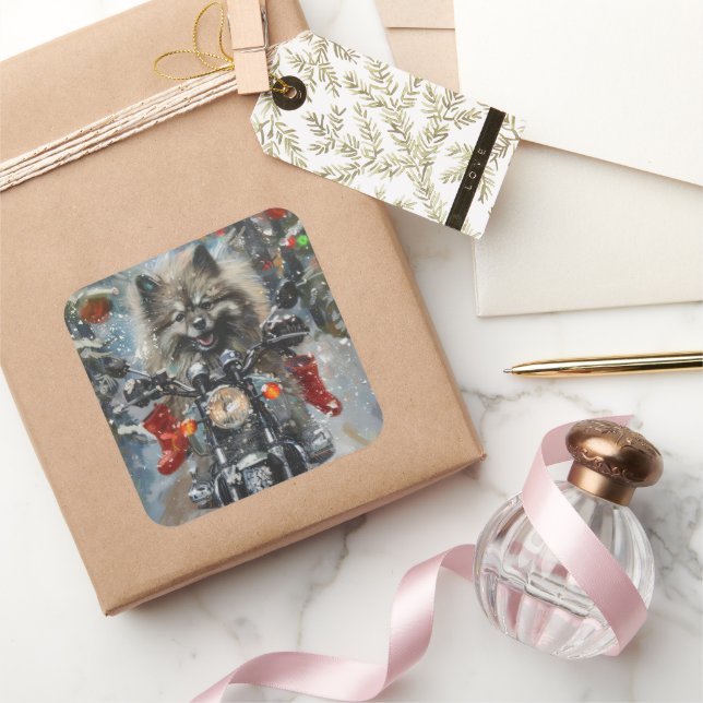 Keeshond Dog Riding Motorcycle Christmas Square Sticker (Gifting)