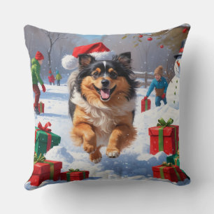 Keeshond Dog Running in Snow with Christmas Hat Cushion