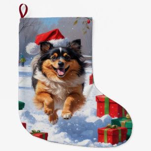 Keeshond Dog Running in Snow with Christmas Hat Large Christmas Stocking