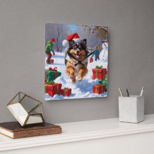 Keeshond Dog Running in Snow with Christmas Hat Square Wall Clock