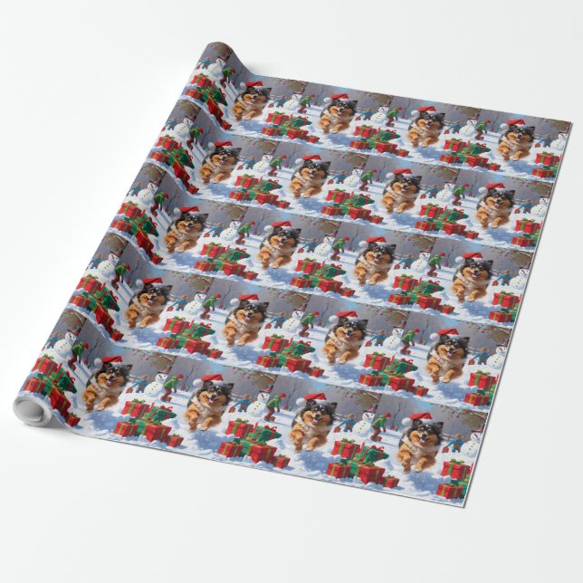 Keeshond Dog Running in Snow with Christmas Hat Wrapping Paper (Unrolled)
