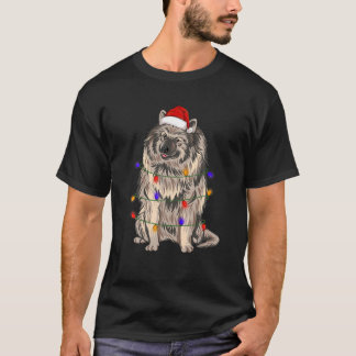 Keeshond Dog Wearing Christmas Hat Lights T-Shirt