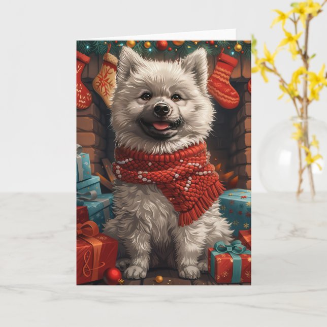 Keeshond Dog With Christmas Gifts Fireplace Card (Yellow Flower)
