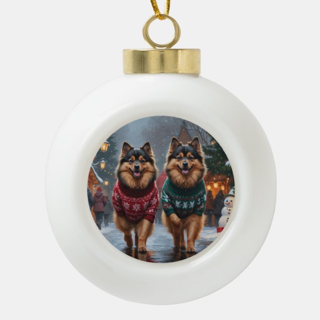 Keeshond Dogs Christmas Snow Holiday Ceramic Ball Christmas Ornament (Front)